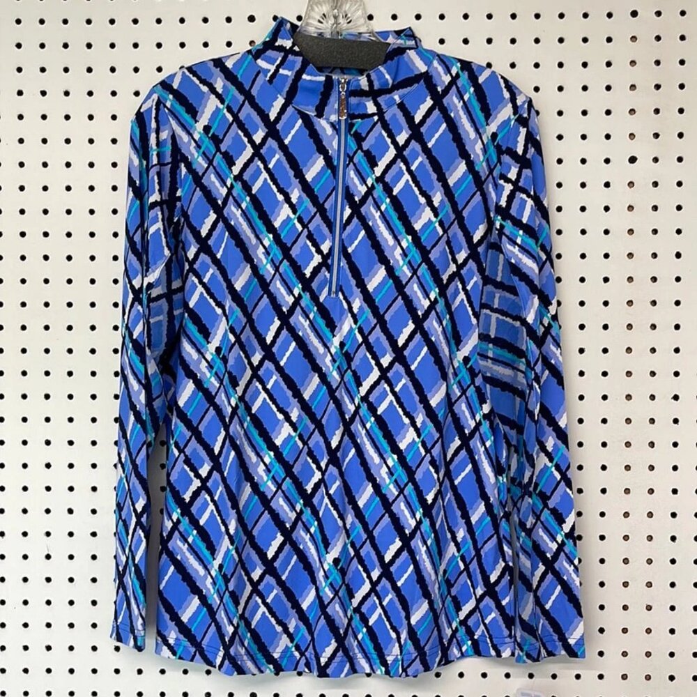 BEACHTIME by Lulu-B Blue Argyle Print High Neck Zip-Up Long Sleeve Pullover
